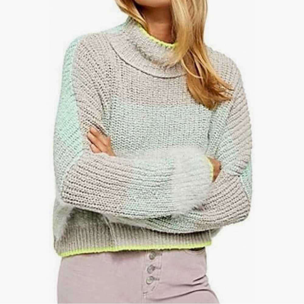 Free People Sunbrite Gray and Mint Turtleneck Sweater
